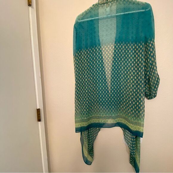 Chico's Blue Teal Green Sheer Open fairy Kimono Coverup cardigan top 2 L 12 - Picture 3 of 10